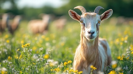 Close-up of a goat in a flock looking at the camera with other goats in the background soft background peaceful green field with wildflowers landscape copy space