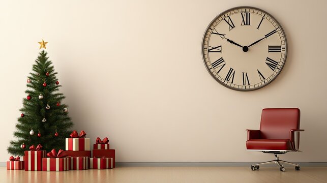 A festive holiday setting featuring a giant clock face, Christmas tree, and cozy red armchair in a bright office space - Powered by Adobe