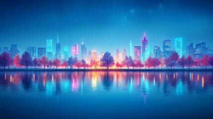 Fototapeta premium A vibrant city skyline at dusk, with colorful lights reflecting on a tranquil lake, creating a serene urban atmosphere.