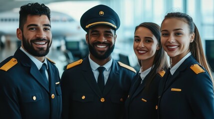 Flight crew at airport, diverse team, natural light, clean background