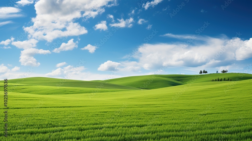 Wall mural a field of green grass under a blue sky