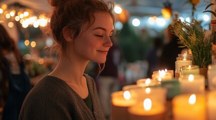 A young White woman in her early 30s with freckles and a casual outfit choosing handmade candles at a craft market.