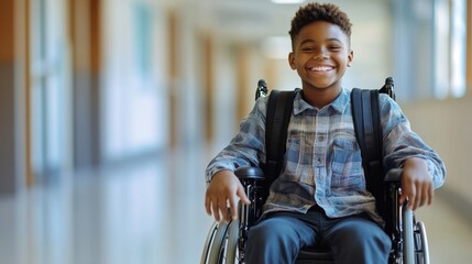 A happy young Black student in a wheelchair smiling in a bright school hallway soft natural light ideal for inclusive education and accessibility themes.