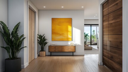 Elegant entryway with natural wood textures, contemporary furnishings, and mock-up yellow artwork that creates a warm and lively atmosphere. interior design. 
