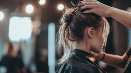 Hairdresser styling client, modern salon, bright lighting, clean layout