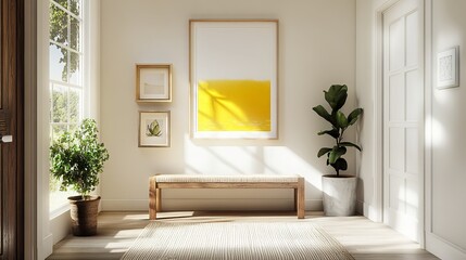 Fototapeta premium Elegant entryway with natural wood textures, contemporary furnishings, and mock-up yellow artwork that creates a warm and lively atmosphere. interior design. 