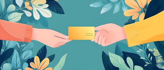 Two hands exchanging a business card surrounded by colorful floral elements, symbolizing networking and connection.