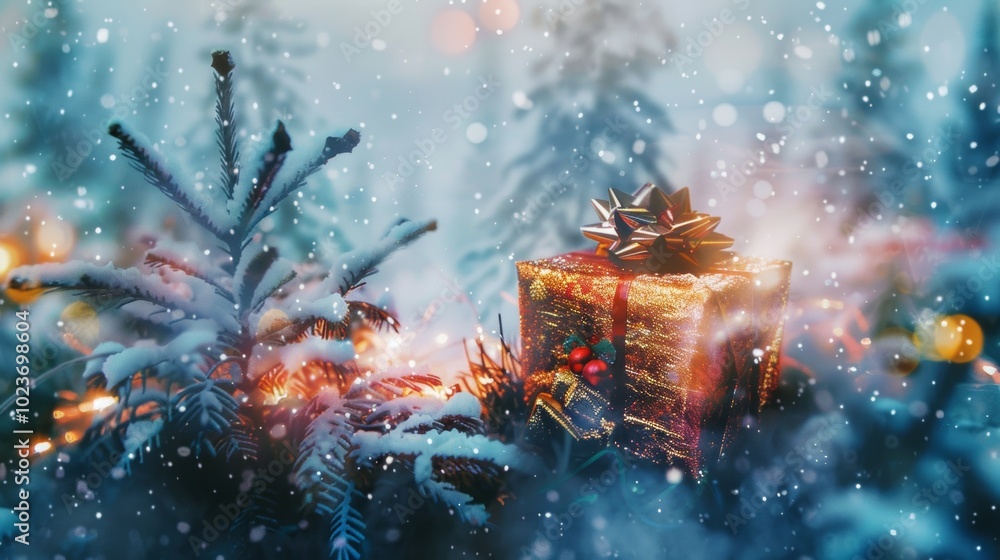 Poster a christmas tree with a box on top of it. the box is wrapped in a red ribbon