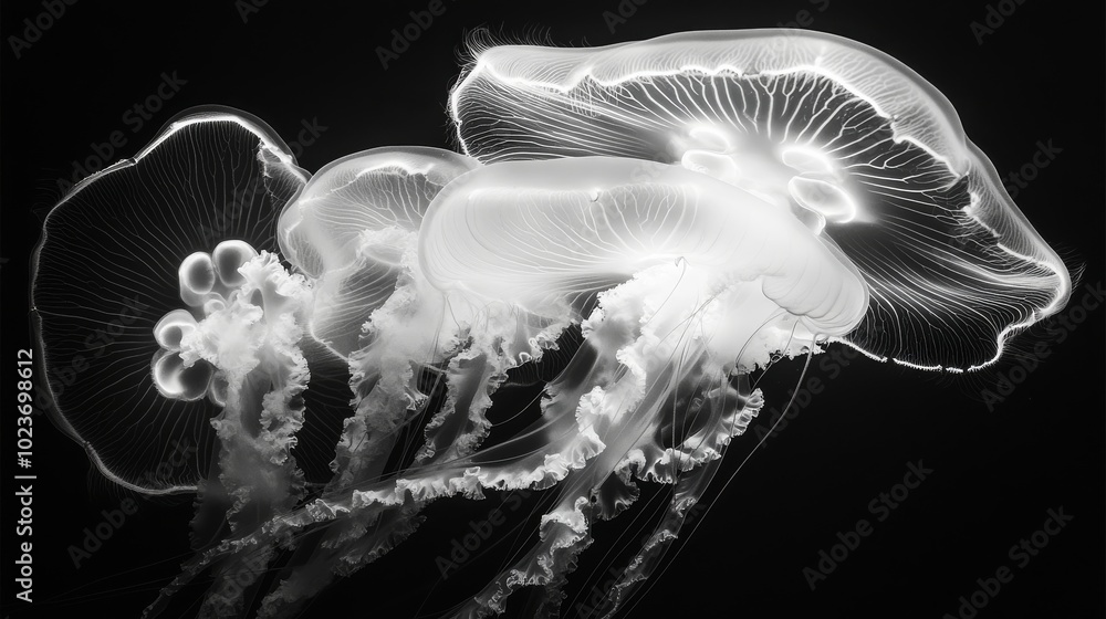 Poster a cluster of jellyfish illuminates the dark waters with their soft glow creating tranquility
