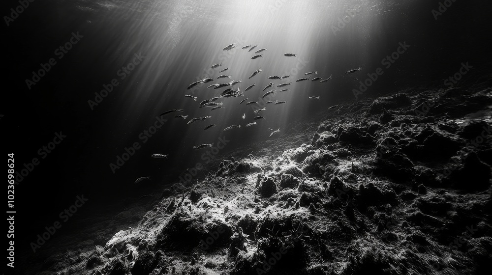 Poster a delicate swarm of shrimp flows smoothly through the tranquil ocean depths