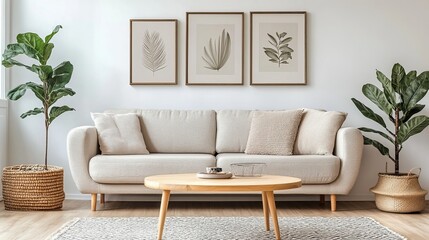 Living room interior with cozy sofa, coffee table, and white wall art.