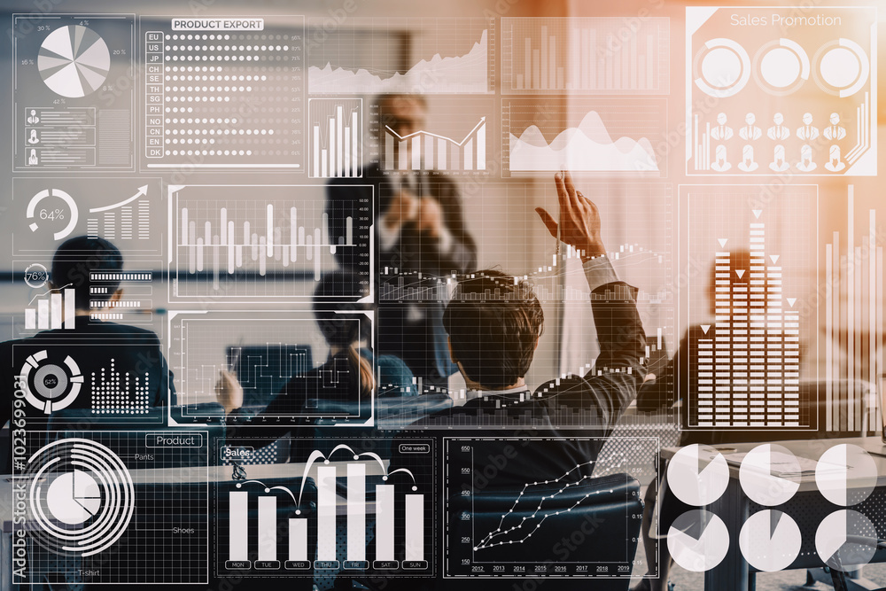 Poster big data technology for business finance analytic concept. modern interface shows massive informatio
