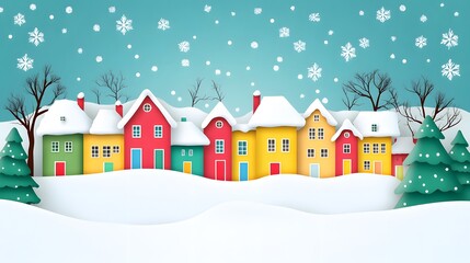 Fototapeta premium A colorful paper cutout of houses in the snow, with trees and a blue sky above, creating an adorable winter scene