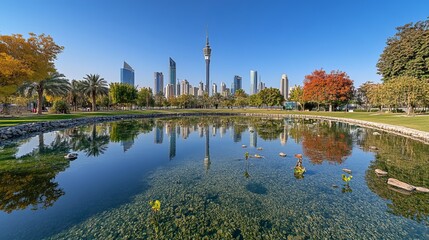 Fototapeta premium Kuwait City, Kuwait - November 22, 2022: taken from an urban park with a clean pond in the foreground, this image shows the Al Hamra Tower in Kuwait City.