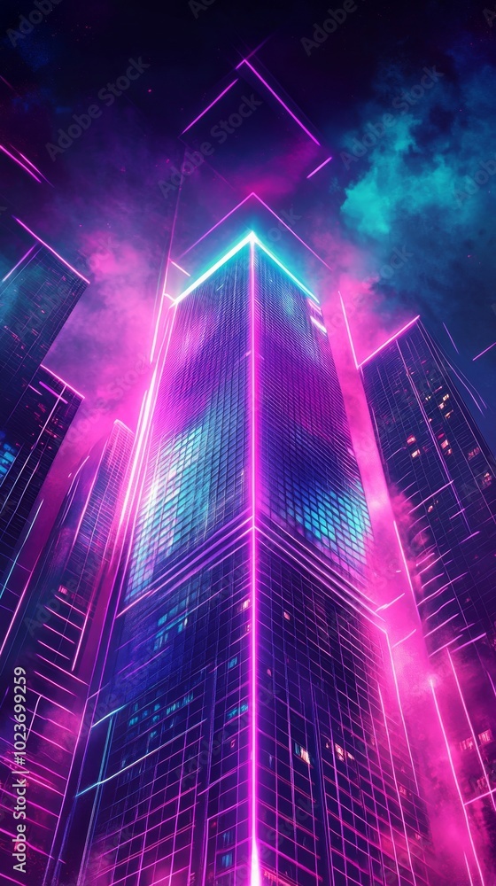 Poster dynamic abstract background with a futuristic skyscraper, highlighted by neon lights and geometric s
