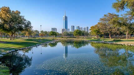 Fototapeta premium Kuwait City, Kuwait - November 22, 2022: taken from an urban park with a clean pond in the foreground, this image shows the Al Hamra Tower in Kuwait City.
