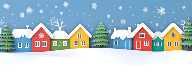 A colorful paper cutout of houses in the snow, with trees and a blue sky above, creating an adorable winter scene