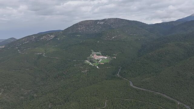 Aerial view of Malevi monastery in Peloponnese, Greece.