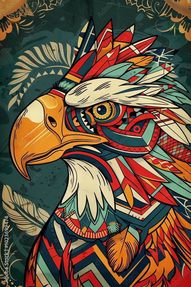 Poster eagle heads with vibrant tribal patterns in a layout pattern.