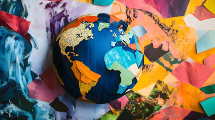 World, globe and collage art made of paper school project, humanity and eco friendly banner....