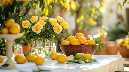 A white tablecloth dining table with yellow roses in small glass vases, a rustic wooden bowl filled with lemons and limes, and scattered citrus leaves, set against a backdrop of a sunny,