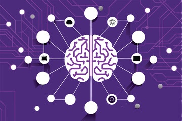 A brain-shaped neural network illustration with interconnected nodes.