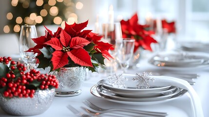 A winter wonderland-inspired table setup with a white tablecloth, vibrant red poinsettias in silver pots, frosted berries arranged as part of the centerpiece,