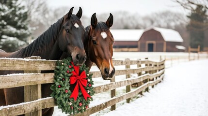 Two horses adorned with a festive Christmas wreath gather by a rustic wooden fence in a snowy farm setting