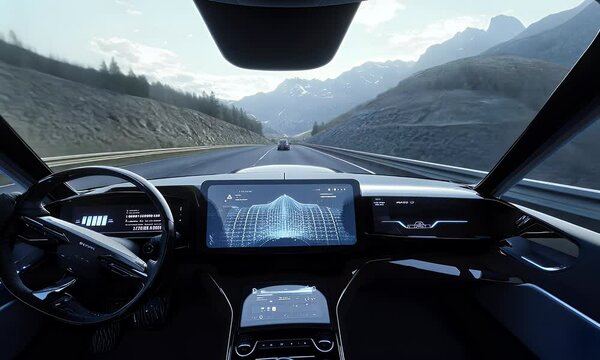 Interior view of a sleek, modern vehicle with a digital dashboard on an open road.