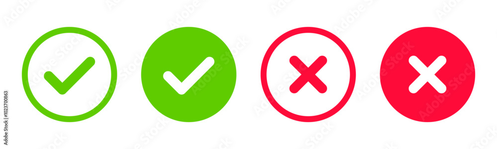 Poster yes or no icon. green tick symbol and red cross sign in circle. checkmark and check icon. approval. 