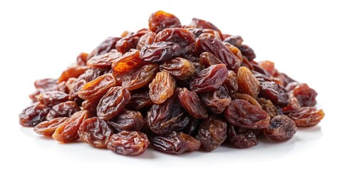Obraz premium Heap of dried raisins isolated on white background, dried grapes, harvest pile, tilted angle