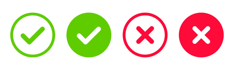 Yes or no icon. Green tick symbol and red cross sign in circle. Checkmark and check icon. Approval. Like and dislike icon. X or approve or deny line art vector icon for apps and websites and ui ux