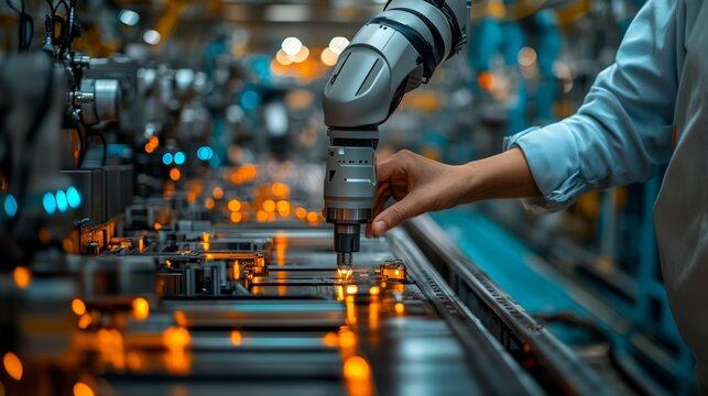 Person controlling a robotic arm in a factory, copy space for text, control, automation