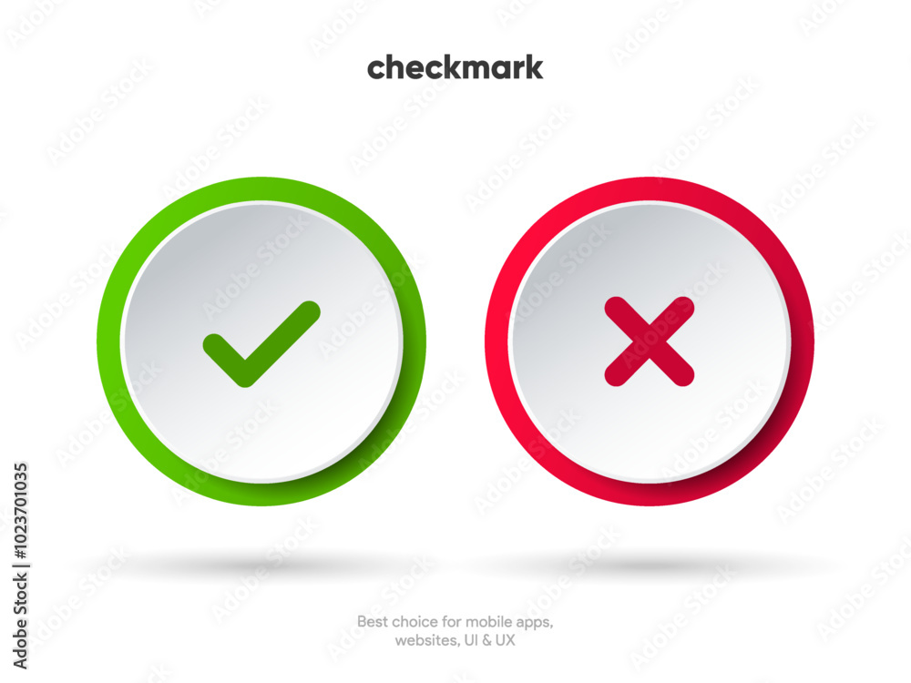 Poster yes or no icon. green tick symbol and red cross sign in circle. checkmark and check icon. approval. 