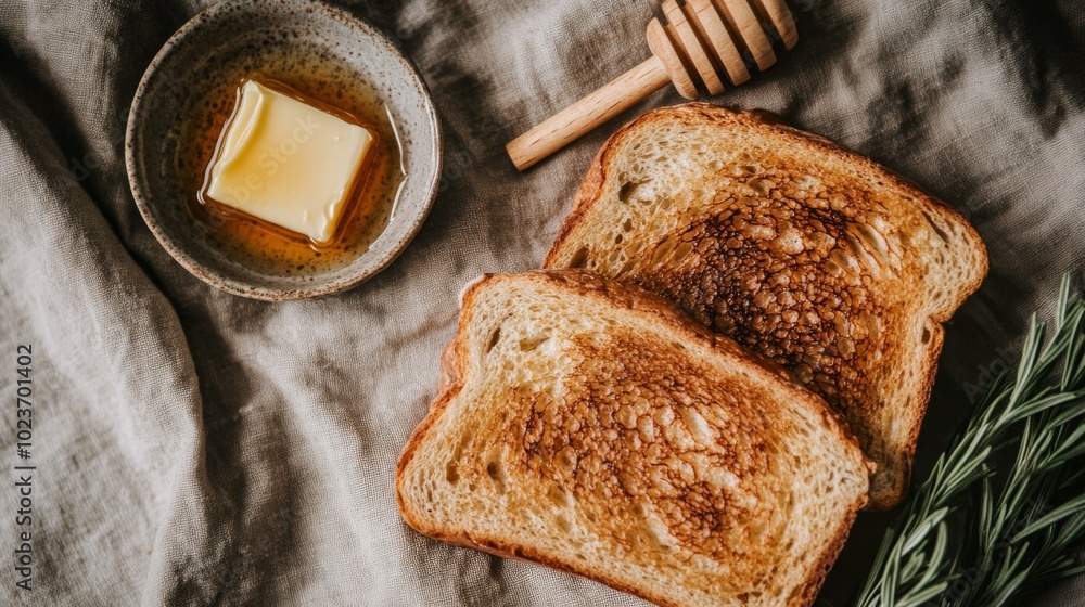 Poster Toast with Butter and Honey on Rustic Table