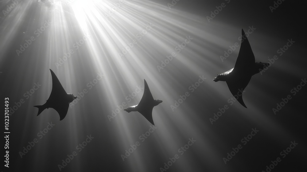 Poster rays glide through soft sunlight filtering down into the calm ocean depths