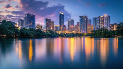 Fototapeta premium Cityscape Reflection in a Lake at Sunset
