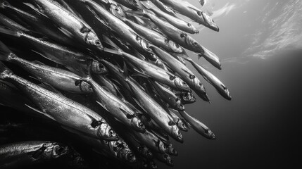 A vibrant school of sardines swims together creating a stunning silver display underwater