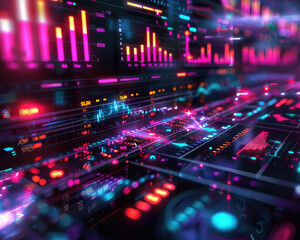 Obraz premium A vibrant, futuristic visualization of data analytics displaying colorful graphs and metrics in a digital environment.