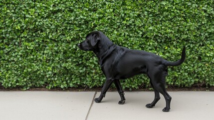 A black dog is walking on a sidewalk next to a hedge