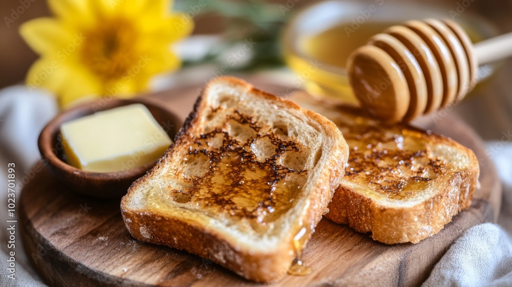 Poster toast with honey and butter on rustic wooden board