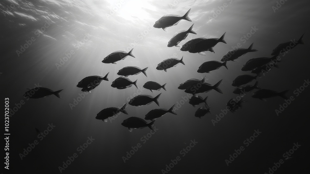 Poster a captivating display of fish navigating together in tranquil waters