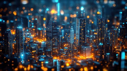 Fototapeta premium A vibrant, futuristic cityscape illuminated by glowing lights at night.