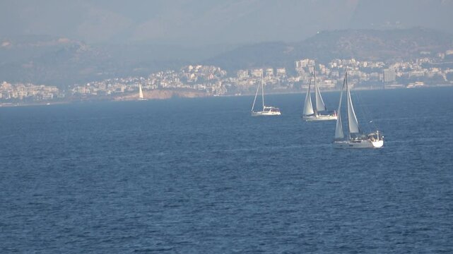 Three sailing yachts are heading for the land with open sails. Zoom in