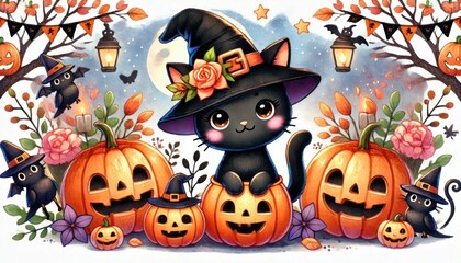 Fototapeta premium Black Cat in Witch Hat with Pumpkins for Halloween 