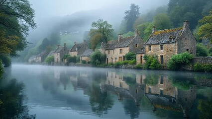 Fototapeta premium Fog in Village The Magic of Nature's Foggy Touch