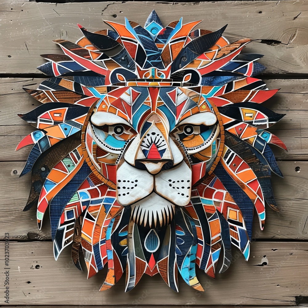 Poster lion head adorned with colorful tribal patterns in a flat lay view.