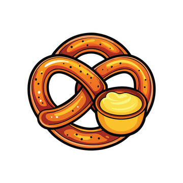 recommend clip art: Illustration of a soft pretzel with salt granules paired with a small bowl of mustard.