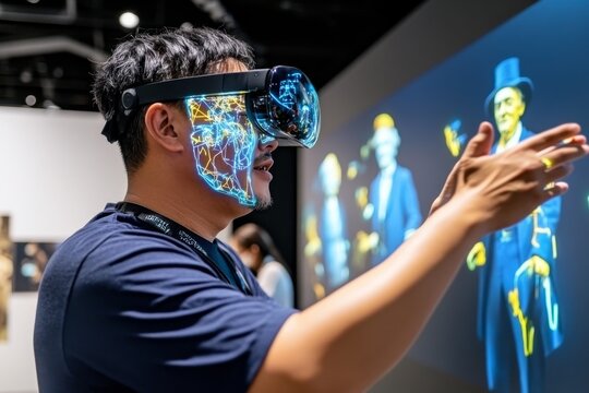 A high-tech museum of the future where visitors interact with holograms of historical figures sharing their life experiences