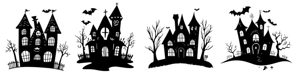 set of halloween haunted house illustrations with creepy features in black vector